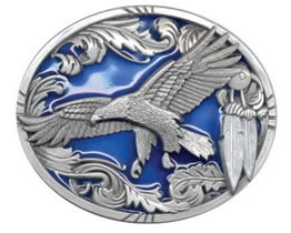 Flying Eagle buckle with feather border and blue background